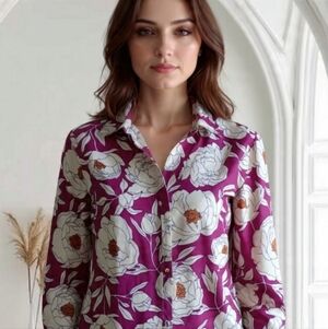 S💜 Floral Button-Up Silky Shirt